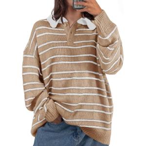 Saodimallsu Womens Striped Swaters Button Collared Polo Shirts Oversized Long Sleeve Chunky Knit Trendy Pullover Tops(Khaki)