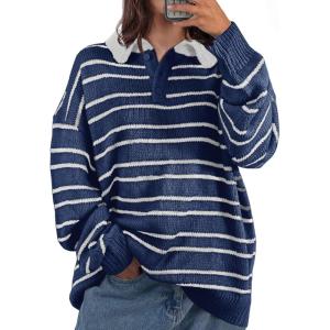Saodimallsu Womens Striped Swaters Button Collared Polo Shirts Oversized Long Sleeve Chunky Knit Trendy Pullover Tops(Navy)