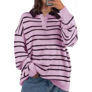 Saodimallsu Womens Striped Swaters Button Collared Polo Shirts Oversized Long Sleeve Chunky Knit Trendy Pullover Tops(Purple)