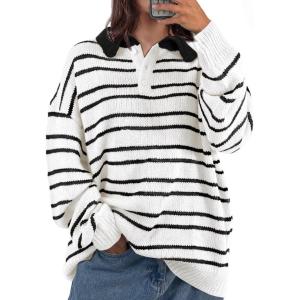 Saodimallsu Womens Striped Swaters Button Collared Polo Shirts Oversized Long Sleeve Chunky Knit Trendy Pullover Tops(White)