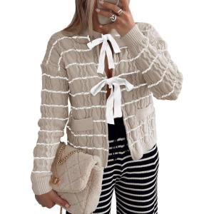 Saodimallsu Womens Striped Tie Front Cardigan Sweaters Crew Neck Long Sleeve Cable Knit Bow Knot Trendy Sweater Tops(Apricot)