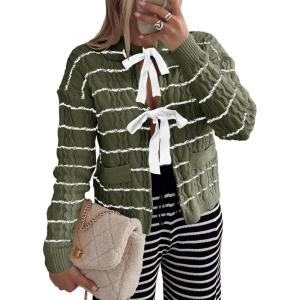 Saodimallsu Womens Striped Tie Front Cardigan Sweaters Crew Neck Long Sleeve Cable Knit Bow Knot Trendy Sweater Tops(Army Green)