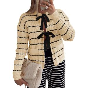 Saodimallsu Womens Striped Tie Front Cardigan Sweaters Crew Neck Long Sleeve Cable Knit Bow Knot Trendy Sweater Tops(Beige)