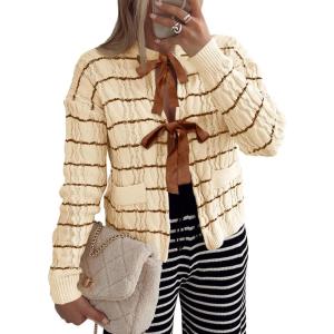 Saodimallsu Womens Striped Tie Front Cardigan Sweaters Crew Neck Long Sleeve Cable Knit Bow Knot Trendy Sweater Tops(Beige Yellow)