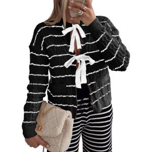 Saodimallsu Womens Striped Tie Front Cardigan Sweaters Crew Neck Long Sleeve Cable Knit Bow Knot Trendy Sweater Tops(Black)