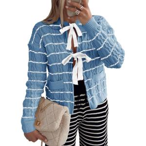 Saodimallsu Womens Striped Tie Front Cardigan Sweaters Crew Neck Long Sleeve Cable Knit Bow Knot Trendy Sweater Tops(Blue)