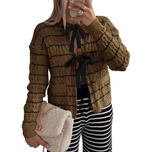 Saodimallsu Womens Striped Tie Front Cardigan Sweaters Crew Neck Long Sleeve Cable Knit Bow Knot Trendy Sweater Tops(Coffee)