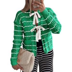 Saodimallsu Womens Striped Tie Front Cardigan Sweaters Crew Neck Long Sleeve Cable Knit Bow Knot Trendy Sweater Tops(Grass Green)