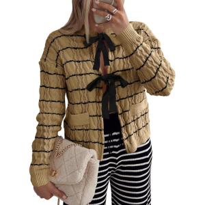 Saodimallsu Womens Striped Tie Front Cardigan Sweaters Crew Neck Long Sleeve Cable Knit Bow Knot Trendy Sweater Tops(Khaki)