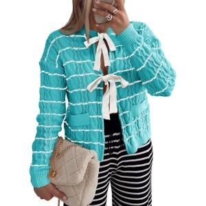 Saodimallsu Womens Striped Tie Front Cardigan Sweaters Crew Neck Long Sleeve Cable Knit Bow Knot Trendy Sweater Tops(Lake Blue)