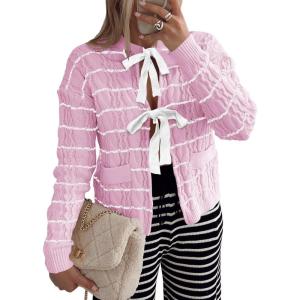 Saodimallsu Womens Striped Tie Front Cardigan Sweaters Crew Neck Long Sleeve Cable Knit Bow Knot Trendy Sweater Tops(Pink)