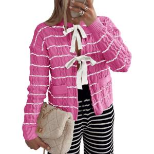 Saodimallsu Womens Striped Tie Front Cardigan Sweaters Crew Neck Long Sleeve Cable Knit Bow Knot Trendy Sweater Tops(Rose Red)