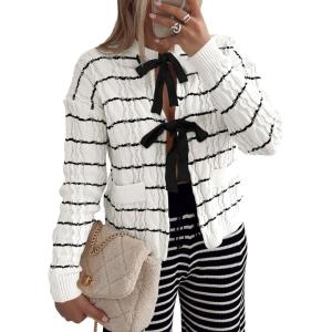Saodimallsu Womens Striped Tie Front Cardigan Sweaters Crew Neck Long Sleeve Cable Knit Bow Knot Trendy Sweater Tops(White)