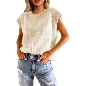 Saodimallsu Womens Summer Cap Sleeve Tops Casual Crew Neck Loose Fit Knit Lightweight Sweater Pullover Top(Apricot)