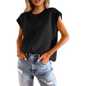 Saodimallsu Womens Summer Cap Sleeve Tops Casual Crew Neck Loose Fit Knit Lightweight Sweater Pullover Top(Black)