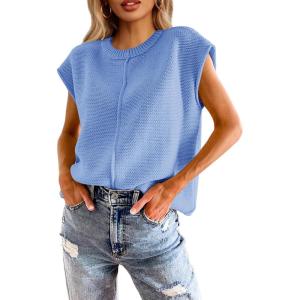 Saodimallsu Womens Summer Cap Sleeve Tops Casual Crew Neck Loose Fit Knit Lightweight Sweater Pullover Top(Blue)