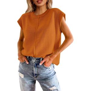 Saodimallsu Womens Summer Cap Sleeve Tops Casual Crew Neck Loose Fit Knit Lightweight Sweater Pullover Top(Brick Red)