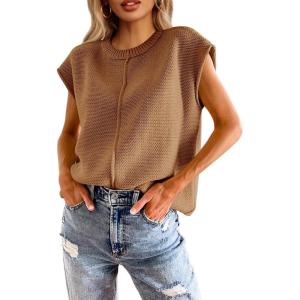 Saodimallsu Womens Summer Cap Sleeve Tops Casual Crew Neck Loose Fit Knit Lightweight Sweater Pullover Top(Coffee)