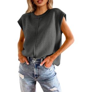 Saodimallsu Womens Summer Cap Sleeve Tops Casual Crew Neck Loose Fit Knit Lightweight Sweater Pullover Top(Dark Grey)