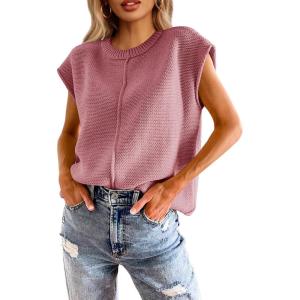 Saodimallsu Womens Summer Cap Sleeve Tops Casual Crew Neck Loose Fit Knit Lightweight Sweater Pullover Top(Dark Pink)