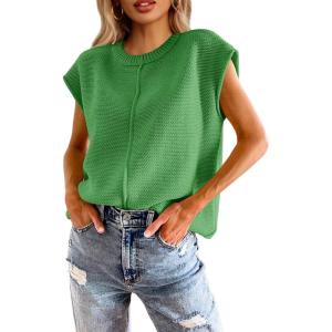 Saodimallsu Womens Summer Cap Sleeve Tops Casual Crew Neck Loose Fit Knit Lightweight Sweater Pullover Top(Green)