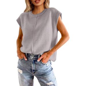 Saodimallsu Womens Summer Cap Sleeve Tops Casual Crew Neck Loose Fit Knit Lightweight Sweater Pullover Top(Grey)
