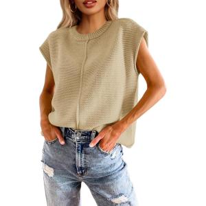Saodimallsu Womens Summer Cap Sleeve Tops Casual Crew Neck Loose Fit Knit Lightweight Sweater Pullover Top(Khaki)