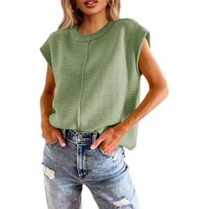 Saodimallsu Womens Summer Cap Sleeve Tops Casual Crew Neck Loose Fit Knit Lightweight Sweater Pullover Top(Light Green)
