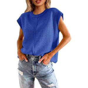 Saodimallsu Womens Summer Cap Sleeve Tops Casual Crew Neck Loose Fit Knit Lightweight Sweater Pullover Top(Navy)