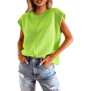 Saodimallsu Womens Summer Cap Sleeve Tops Casual Crew Neck Loose Fit Knit Lightweight Sweater Pullover Top(Neon Green)