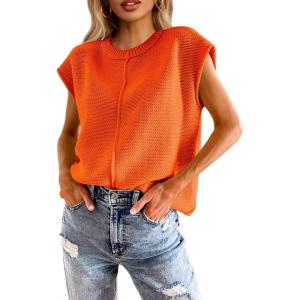Saodimallsu Womens Summer Cap Sleeve Tops Casual Crew Neck Loose Fit Knit Lightweight Sweater Pullover Top(Orange)