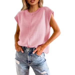 Saodimallsu Womens Summer Cap Sleeve Tops Casual Crew Neck Loose Fit Knit Lightweight Sweater Pullover Top(Pink)