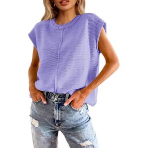 Saodimallsu Womens Summer Cap Sleeve Tops Casual Crew Neck Loose Fit Knit Lightweight Sweater Pullover Top(Purple)