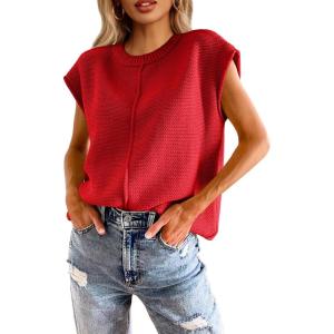 Saodimallsu Womens Summer Cap Sleeve Tops Casual Crew Neck Loose Fit Knit Lightweight Sweater Pullover Top(Red)