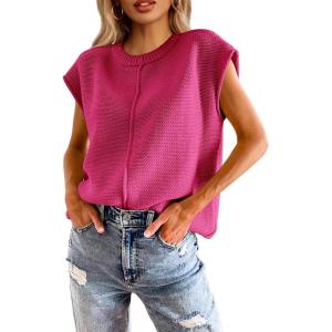Saodimallsu Womens Summer Cap Sleeve Tops Casual Crew Neck Loose Fit Knit Lightweight Sweater Pullover Top(Rose Red)