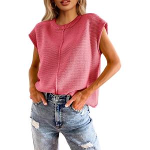 Saodimallsu Womens Summer Cap Sleeve Tops Casual Crew Neck Loose Fit Knit Lightweight Sweater Pullover Top(Watermelon Red)
