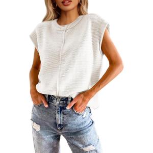 Saodimallsu Womens Summer Cap Sleeve Tops Casual Crew Neck Loose Fit Knit Lightweight Sweater Pullover Top(White)