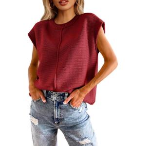 Saodimallsu Womens Summer Cap Sleeve Tops Casual Crew Neck Loose Fit Knit Lightweight Sweater Pullover Top(Wine Red)
