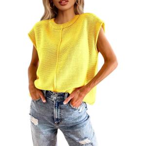 Saodimallsu Womens Summer Cap Sleeve Tops Casual Crew Neck Loose Fit Knit Lightweight Sweater Pullover Top(Yellow)
