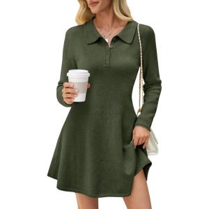 Saodimallsu Womens Sweater Dress 2025 Fall Polo Collared Long Sleeve Button V Neck A line Preppy Knit Dresses(Army Green)