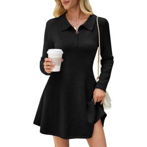 Saodimallsu Womens Sweater Dress 2025 Fall Polo Collared Long Sleeve Button V Neck A line Preppy Knit Dresses(Black)