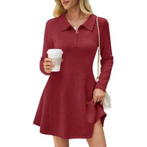 Saodimallsu Womens Sweater Dress 2025 Fall Polo Collared Long Sleeve Button V Neck A line Preppy Knit Dresses(Burgundy)