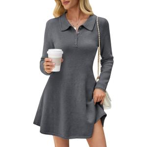 Saodimallsu Womens Sweater Dress 2025 Fall Polo Collared Long Sleeve Button V Neck A line Preppy Knit Dresses(Dark Grey)