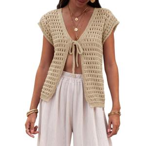 Saodimallsu Womens Tie Crochet Shrug Short Sleeve Open Front Lightweight Knit Cropped Cardigan Sweaters Cover Up(Apricot)
