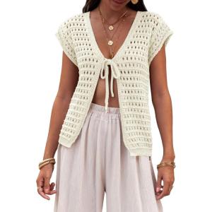 Saodimallsu Womens Tie Crochet Shrug Short Sleeve Open Front Lightweight Knit Cropped Cardigan Sweaters Cover Up(Beige)