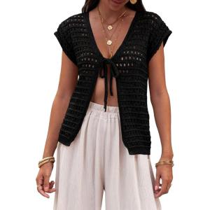 Saodimallsu Womens Tie Crochet Shrug Short Sleeve Open Front Lightweight Knit Cropped Cardigan Sweaters Cover Up(Black)