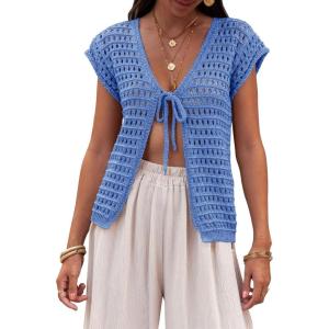Saodimallsu Womens Tie Crochet Shrug Short Sleeve Open Front Lightweight Knit Cropped Cardigan Sweaters Cover Up(Blue)