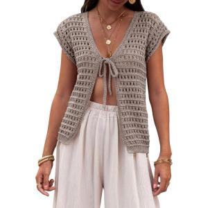 Saodimallsu Womens Tie Crochet Shrug Short Sleeve Open Front Lightweight Knit Cropped Cardigan Sweaters Cover Up(Khaki)