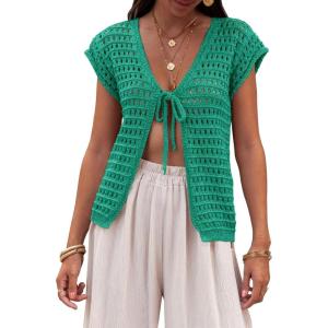Saodimallsu Womens Tie Crochet Shrug Short Sleeve Open Front Lightweight Knit Cropped Cardigan Sweaters Cover Up(Lake Green)