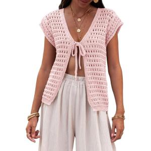 Saodimallsu Womens Tie Crochet Shrug Short Sleeve Open Front Lightweight Knit Cropped Cardigan Sweaters Cover Up(Pink)